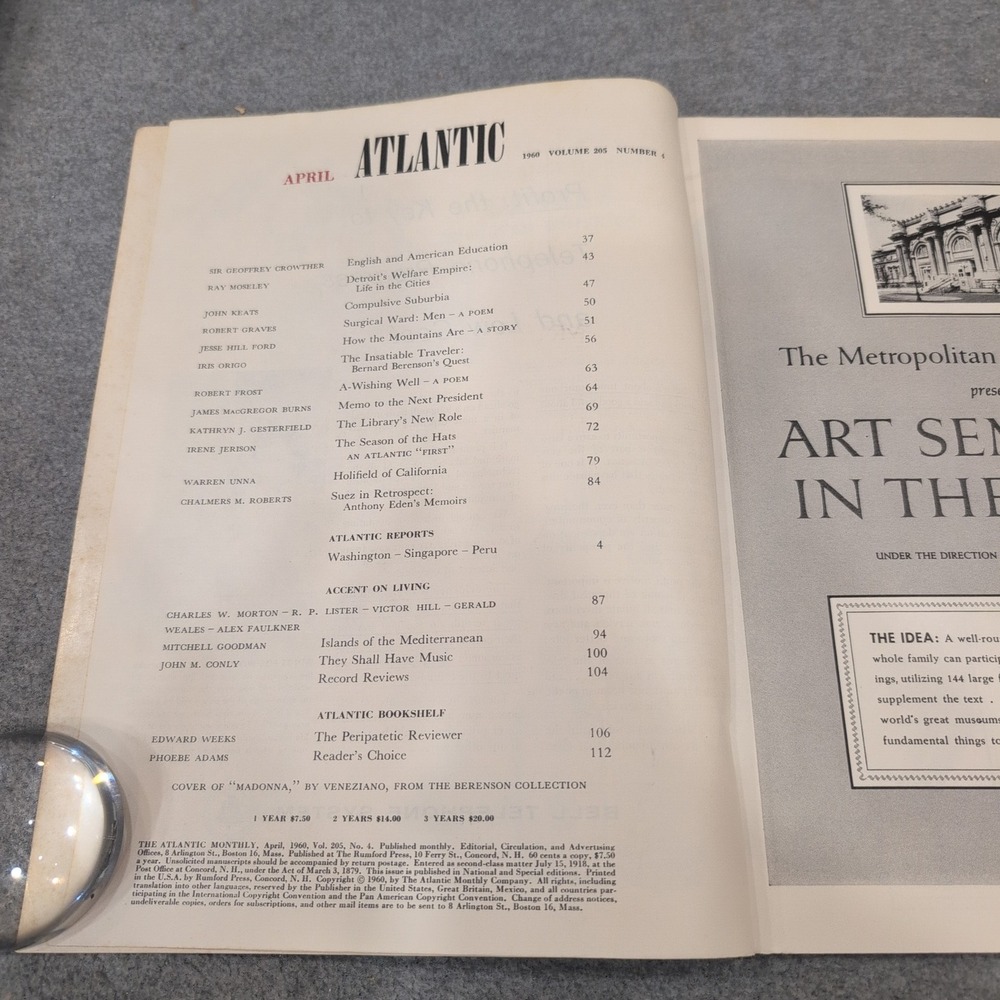 The Atlantic Monthly April 1960 Bernard Berenson Robert Frost Vintage Magazine - Picture 2 of 3